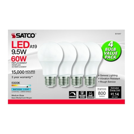 Satco Satco A19 E26 (Medium) LED Bulb Natural Light 60 Watt Equivalence 4 pk S11417